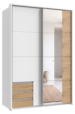 Produktbild von Schwebetürenschrank 2trg. Kleiderschrank 138 cm Weiß Eiche Spiegel Passepartout / 22683