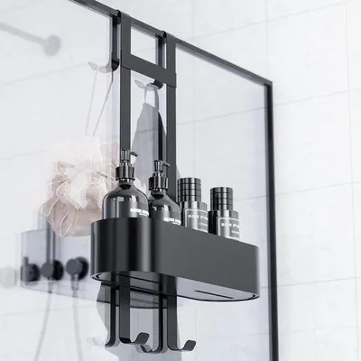 Immagine prodotto di Uniqoos® Porta sapone da doccia da appendere – senza foratura, realizzata in lega di alluminio resistente alla ruggine, ripiano da appendere sopra la porta della doccia, con spazio per lo shampoo e ganci