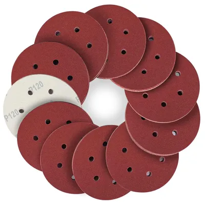 Obrázek produktu pro Sada brusného papíru, 50 kusů, suchý zip, brusné kotouče 150 mm, 6 otvorů, zrnitost P120, pro excentrické brusky, vhodné pro dřevo, plasty a další materiály