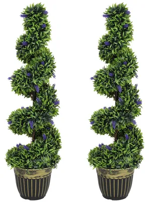 Productafbeelding van HOMCOM Set van 2 kunstplanten: buxusspiralen met lavendel, groot, 115 cm, in pot