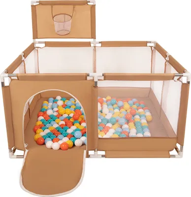 Produktbild von Selonis Laufstall Mit Korb Und 100 Bälle Laufgitter Für Kinder, Beige:Weiß/Gelb/Orange/Babyblau/Türkis