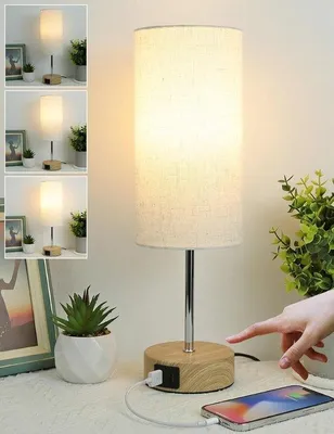 Zdjęcie produktu dla Lampa nocna - Beżowa - Regulowana lampka stołowa z portami USB A i C do ładowania - Idealna do sypialni i salonu