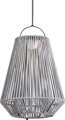 A gray pendant lamp with a woven rope shade.