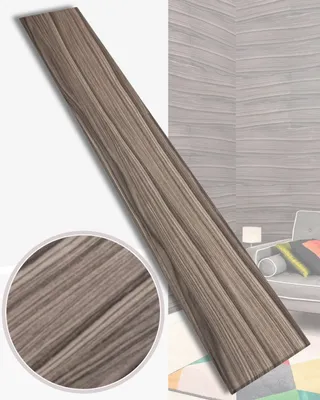 A single plank of wood-look paneling is shown diagonally against a white background, with a close-up inset of the wood grain. The background also shows a blurred interior scene with furniture and a wall covered in similar paneling.