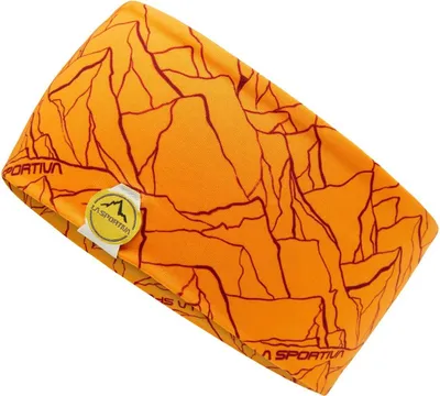 Stirnband "Mountain Headband" von La Sportiva in leuchtendem Orange mit geometrischem Muster.