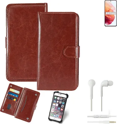 Produktbild von K-S-Trade 360° Hülle kompatibel mit Samsung Galaxy S21 5G SD888 inkl. Headphones braun Kunstleder Case BookCase WalletCase Kunstlederederhülle