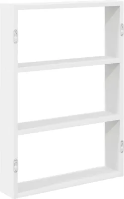 A white three-tiered wall shelf against a white background.
