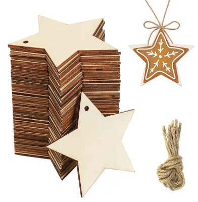 Produktbild von 40 Holz-Weihnachtssterne zum Basteln, Weihnachtsbaumdekoration mit Juteband