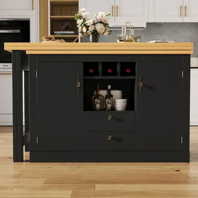 Produktbild von Flieks Drehbarer Bartisch mit Sideboard, Ausziehbarer Bartisch 360° Drehbar, Kommode mit Schubladen, Weinregal und Türen, 120-180x40x76cm, Schwarz