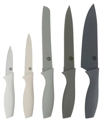 Produktbild von MasterChef Messer Set, Messerset mit Küchenmesser, Kochmesser, Brotmesser, Schälmesser & Allzweckmesser, Schneidemesser Küche Set, Scharfe Messer mit Edelstahlklingen, Softgriff, 5-teilig, Grau