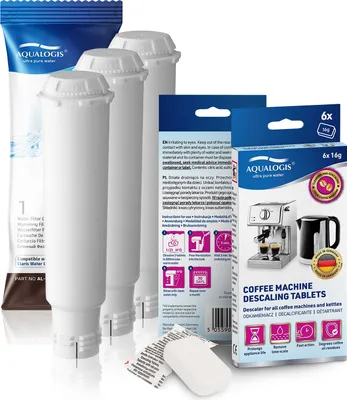 A collection of coffee machine descaling tablets and water filter cartridges.