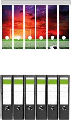 Produktbild von Wallario 6 Stück breite Ordner inkl. Klebeetiketten mit Motive Fußball - Fußballfeld bei Sonnenuntergang -  Set mit Rückenschildern / Ordnerrücken Stickern