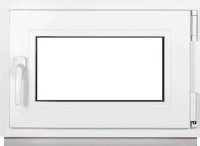 A white plastic casement window with a handle is shown against a white background.