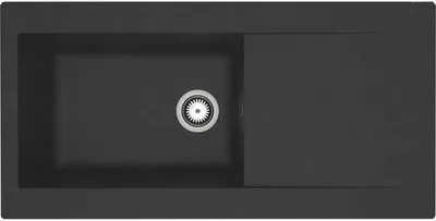 A top-down view of a black kitchen sink with a drainer.
