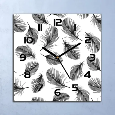 Produktbild von Wanduhr Echt-Glas-Küchenuhr Schwarz-weiße Federn Quarz 30x30 Deko Bilder