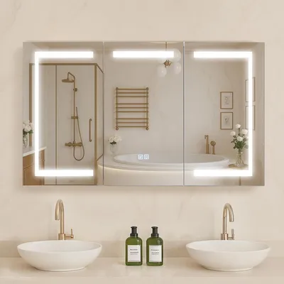 Produktbild von Spiegelschrank Bad mit LED Beleuchtung 100 x 60 cm, 3-farbig dimmbar, gehärtetes Glas, Steckdose, USB
