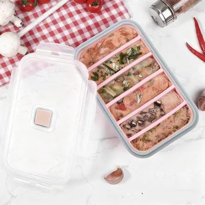 Immagine prodotto di Contenitori per il congelamento e la conservazione Unyqoos®, 6 scomparti, 22,5 x 14,5 x 7,8 cm, in PP con supporto in silicone rosa, coperchio adatto al microonde, a prova di perdite