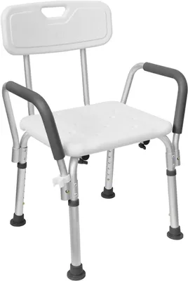 Immagine prodotto di Sedia da doccia regolabile in altezza con braccioli e schienale, realizzata in alluminio e plastica, con superficie antiscivolo, ideale come supporto per la doccia in bagno