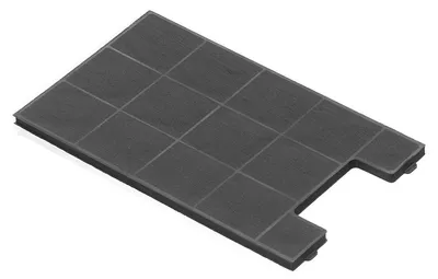 A single black carbon filter for a range hood, shown from a diagonal angle.