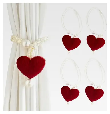 Produktbild von 4 Stück Vorhang Raffhalter, Plüschherz Raffhalter für Vorhänge, Gardinenband, Dekorative Raffhalter für Gardinen, Perle Vorhang Halter, Vorhanghalter für Zuhause, Büro, Fenster Dekorativ