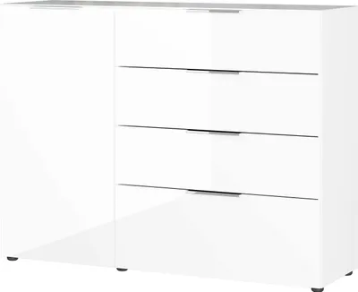 Image de Buffet - 134 x 102 cm - 1 porte - 4 tiroirs - Blanc - Verre