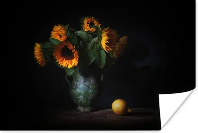 Produktbild von MuchoWow® Poster Sonnenblumen - Stilleben - Malerei - Blumen - Schwarz - Kunst 90x60 cm - Schlafzimmer
