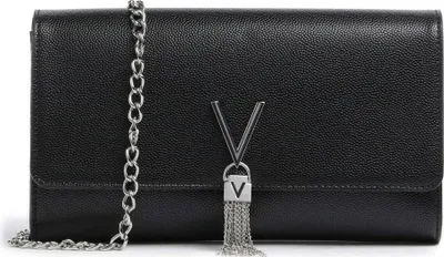 A black leather clutch bag with a silver chain and a silver V-shaped logo with a tassel.