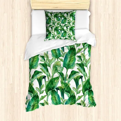 Produktbild von ABAKUHAUS Pflanze Bettbezug Set, Äquatorial verlässt in der Hand gezeichneten Aquarell-Art-Grafik-botanischen Blumenblatt-Frühling, 135 x 200 cm + 80 x 80 cm, Jadegrün Grün