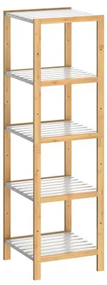 Produktbild von CASARIA® Badezimmer Regal Bambus Holz 5 Ablagen Belastbarkeit 50kg Küche Wohnzimmer Bad Diele Standregal Holzregal Badregal 140x33cm Schmal Braun-Weiß