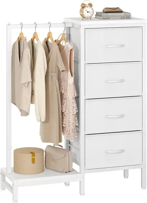 Productafbeelding van Kledingrek - Vrijstaand kledingrek met 4 afneembare stoffen laden - Afmetingen 77 × 30 × 111,5 cm - Hal - Wit