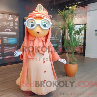 Produktbild von Peach REDBROKOLY Squid Maskottchen Kostüm Figur gekleidet mit einem Wickelkleid und Brille