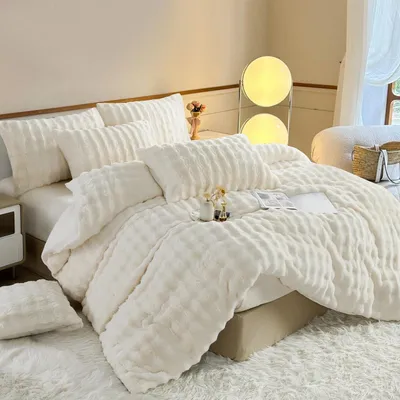 Produktbild von Plüsch Bettwäsche 135x200 cm 4-teilig Winter Warm Creme Weiß mit Reißverschluss