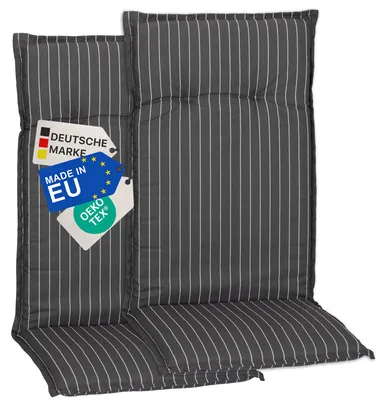 Produktbild von NYVI Gartenstuhl Auflagen Hochlehner 2er Set Barcelona - UV-Beständig, Atmungsaktiv, Strapazierfähig - Hochlehnerauflagen Outdoor - Sitzauflagen für Gartenstühle 118x50cm Grau Weiße Streifen