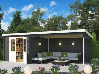 Produktbild von Lasita Carbongrau 280 x 280 cm Gartenhaus Blockbohlenhaus, 28 mm Wandstärke, 21,46 m² Grundfläche, Flachdach, Fichtenholz, Inklusive Doppeltür, GARTENHAEUSER MIT ANBAU