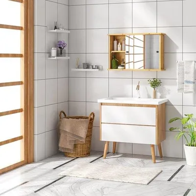 Produktbild von Badezimmerschrank mit Spiegelschiebetür, Bambus, Braun, 55x14x35,5 cm