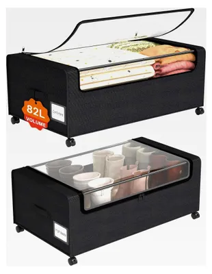 Produktbild von Unterbettkommode mit Rollen, 2 Stück, Schuhaufbewahrung unter dem Bett, transparente Deckel und Etikett, Unterbettschubladen, Roll-Organizer für Kleidung und Decken