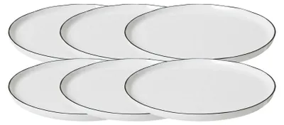 A set of six white plates with a thin black rim, arranged in two rows.