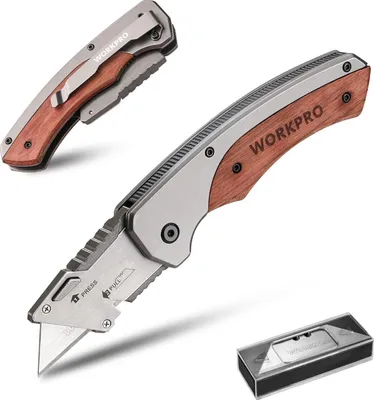 Image de WORKPRO Couteau pliant avec manche en bois, cutter avec 10 lames de rechange incluses