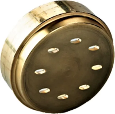 A close-up, isolated shot of a brass pasta maker attachment.