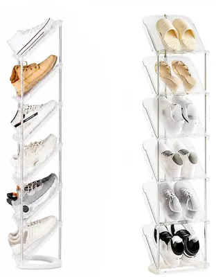 Immagine prodotto di Scaffale per scarpe, 6 ripiani, stretto, ideale per spazi ridotti, trasparente, bianco
