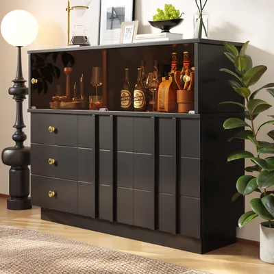 Produktbild von MODFU Kommode Sideboard Küchenschrank mit Glastüren, Schrank Buffet für Esszimmer und Wohnzimmer, Aufbewahrungsschrank, Buffetschrank, Schwarz
