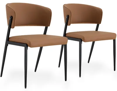 Productafbeelding van Set van 2 eetkamerstoelen van kunstleer, met gestoffeerde rugleuning en metalen poten, bruin/zwart