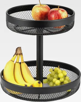 Produktbild von 2-stöckige runde Obstetagere/Brotkorb, Etagere, Obstschale, Obstkorb aus schwarzem Metall, viel Platz für die übersichtliche Lagerung von Obst, Gemüse, Brot und Snacks in Küche und Wohnzimmer