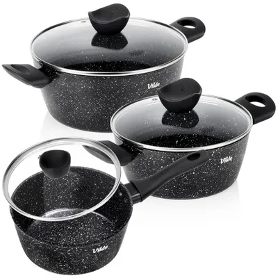 Produktbild von Vilde | Töpfe 3er Set - mit Glasdeckeln - 1,1 / 2,2 / 3,6 L - Antihaftbeschichtung - GRANITICA