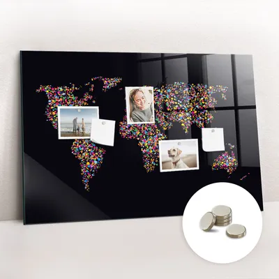 Immagine prodotto di Lavagna magnetica da parete, con superficie in vetro e bordo curvo. Include 5 magneti. Dimensioni: 90x60 cm. Mappa del mondo a punti