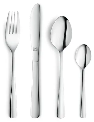 A set of four stainless steel cutlery pieces arranged on a white background.