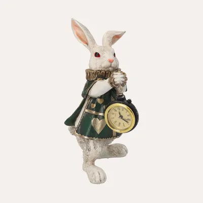 Immagine prodotto di KEYHOMESTORE | Statuina Bianconiglio con Orologio in Resina Bianco/Verde H. 24 cm