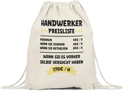 Produktbild von Handwerker Preisliste Turnbeutel Gymsack Maschinen Bauteile Objekte Werkzeug Begabung Gebäude Möbel Beruf Arbeit