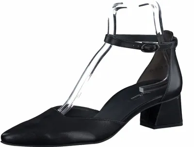 A black women's pump shoe with an ankle strap is displayed on a clear stand against a white background.