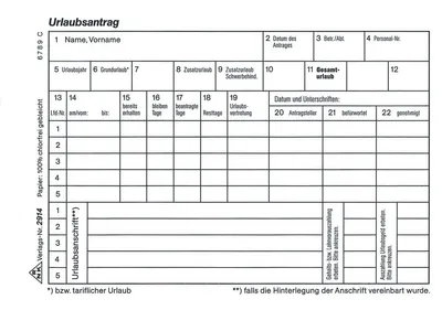 Produktbild von Urlaubs-Freistellungsantragsblock A6 quer 50 Blatt Packung mit 10 Stück